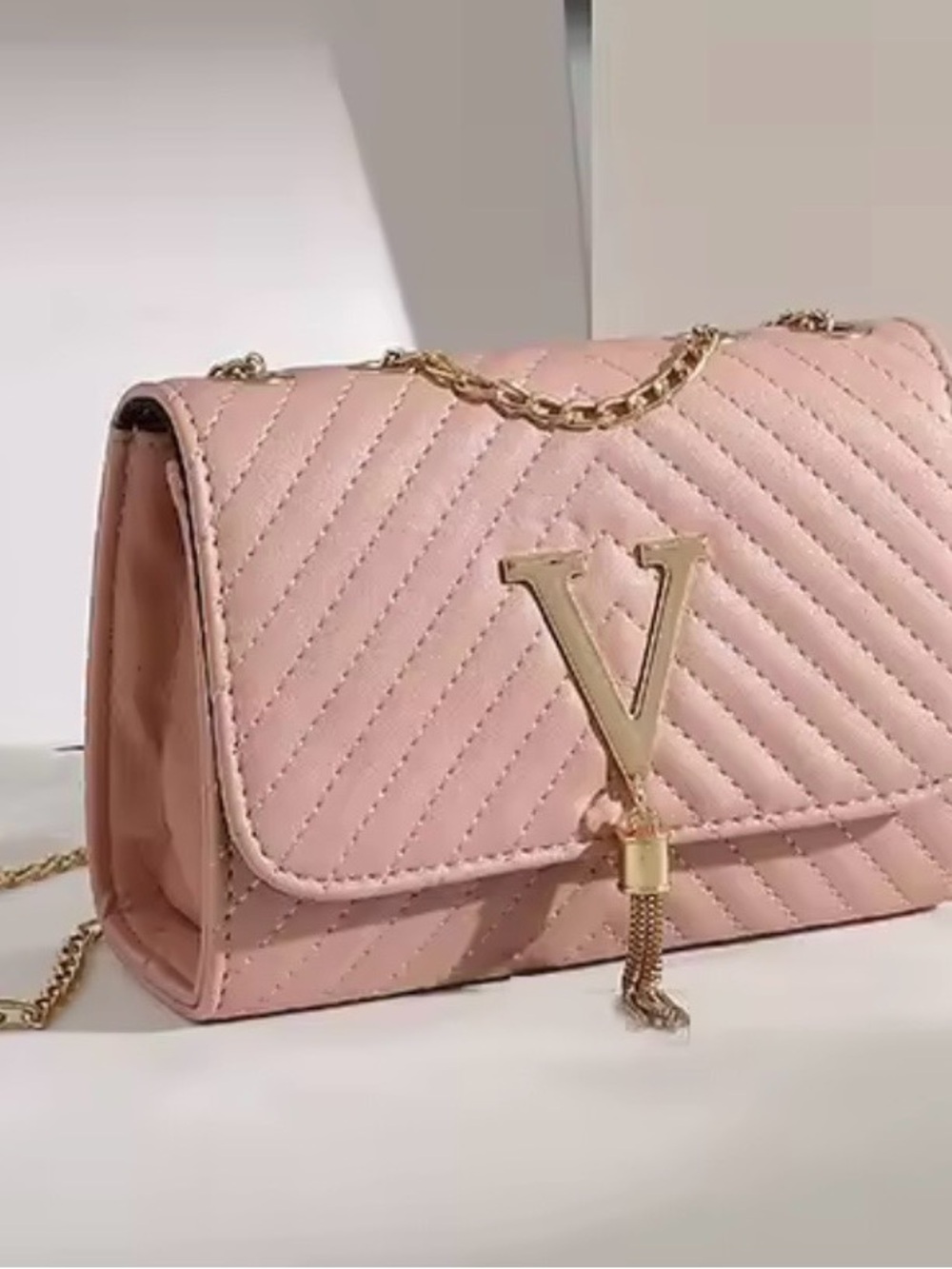 Quilted Light Pink Shoulder Bag with Gold V Accent